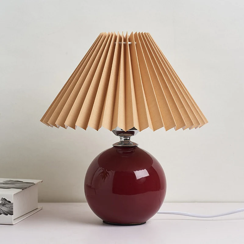 Lampe de table de chevet Globe en céramique, éclairage de table de chevet tendance avec abat-jour plissé conique avec déte...