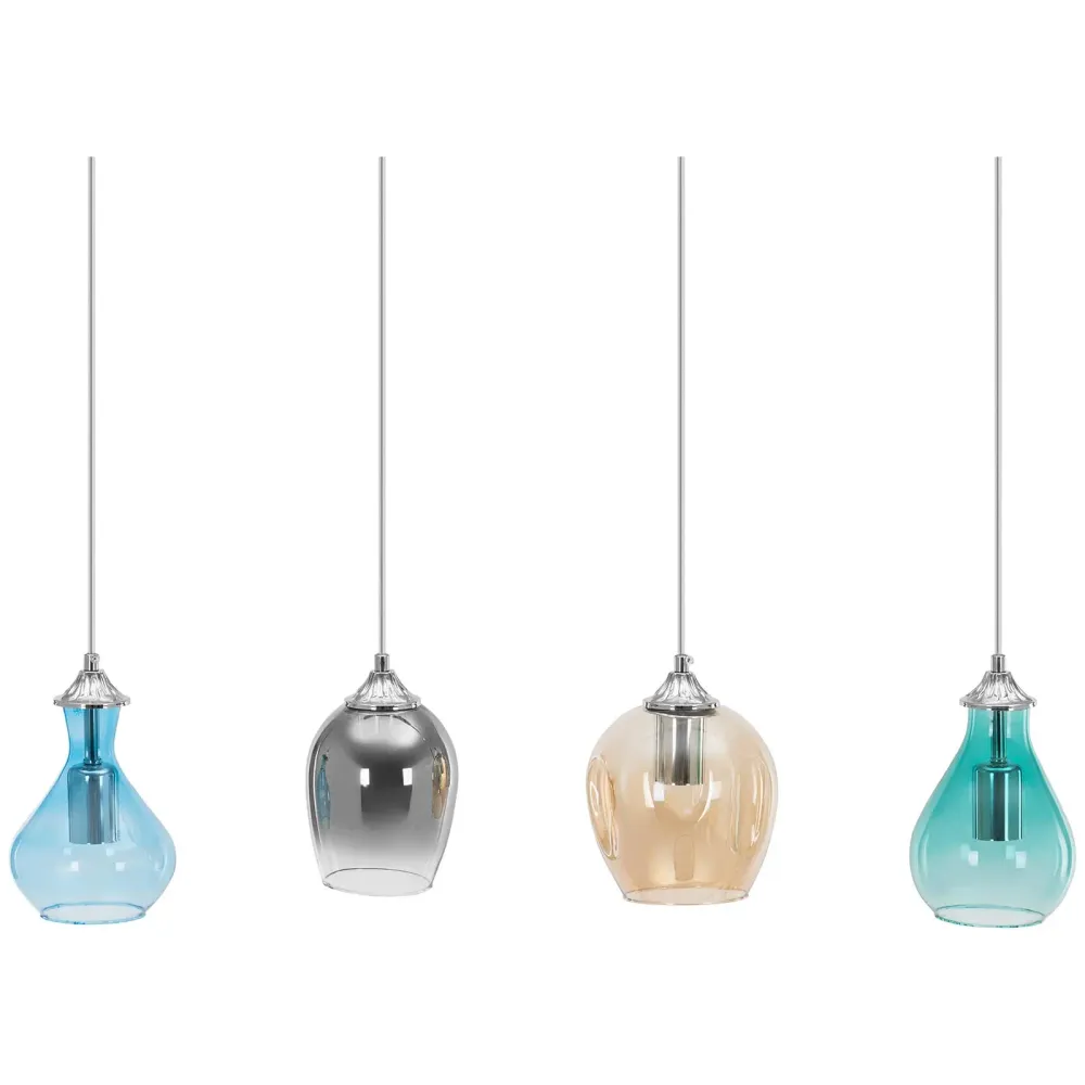 Plafonnier 4 ampoules abat-jour en verre de différentes formes verre acier ambre diaphane gris argent métallisé 14_0009525