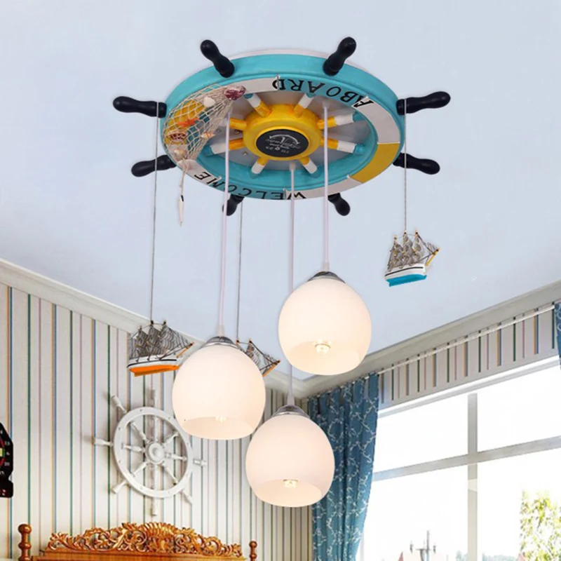 Plafonnier LED en forme de Globe en verre crème, 3 ampoules, éclairage encastré avec décor de gouvernail, pour chambre d'e...
