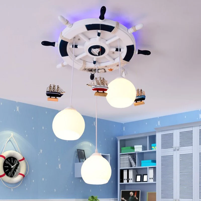 Plafonnier LED en forme de Globe en verre crème, 3 ampoules, éclairage encastré avec décor de gouvernail, pour chambre d'e...