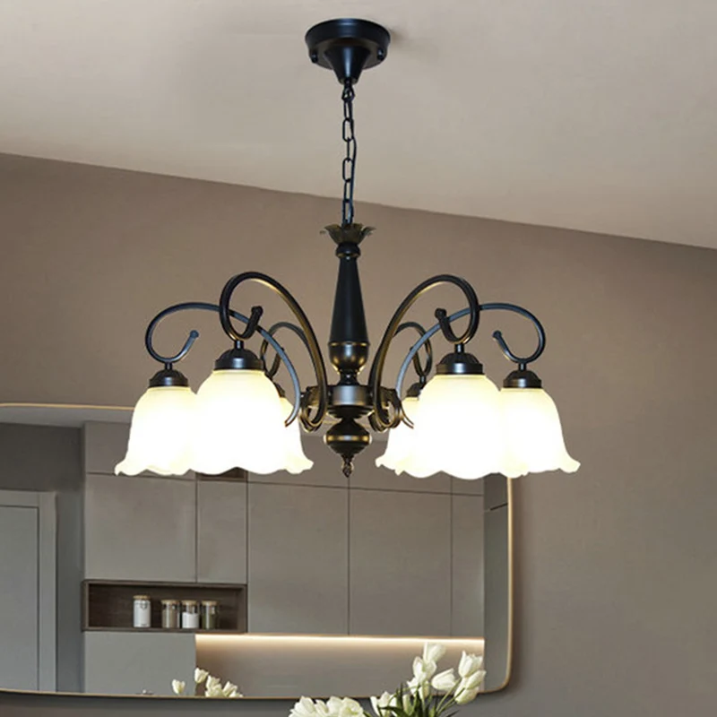 Support de tube néon Lustre à abat-jour floral en verre à volants, luminaire suspendu vieux pour salle à manger, noir