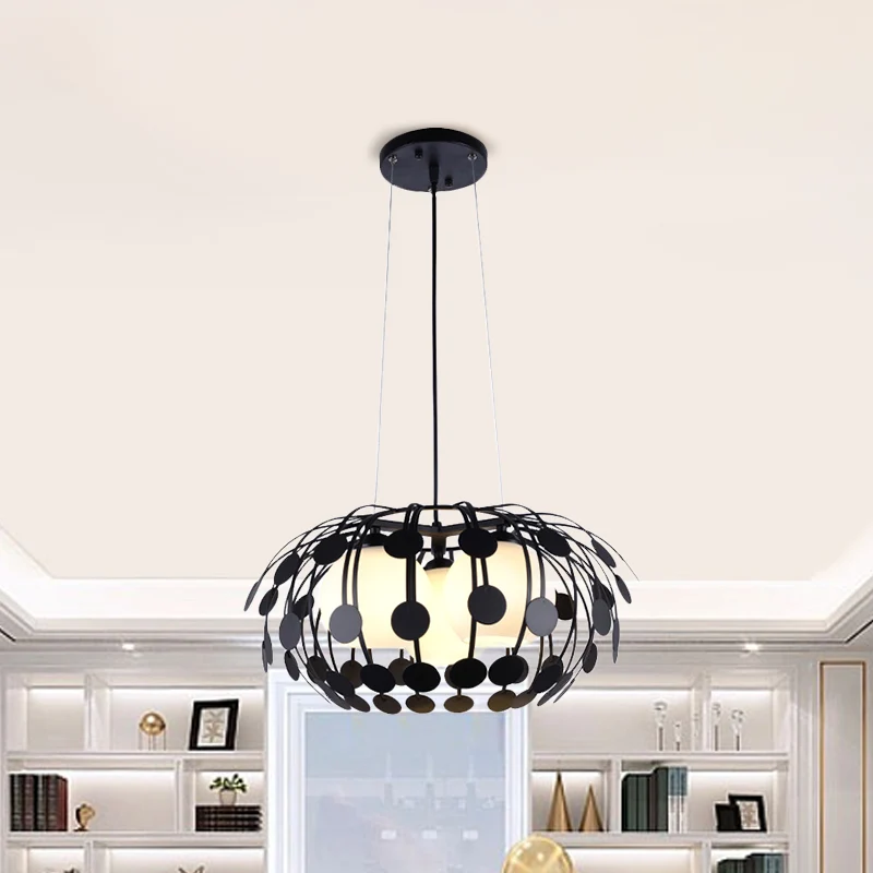 Transformateur LED Lustre Globe noir/blanc actuel à 3 lumières, plafonnier suspendu en verre blanc avec cadre en fer ovale