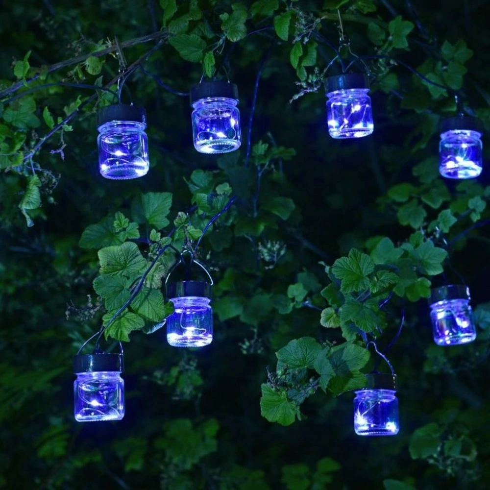 Guirlande solaire 10 petits bocaux verre irisé opal à filament led blanc hivernal
