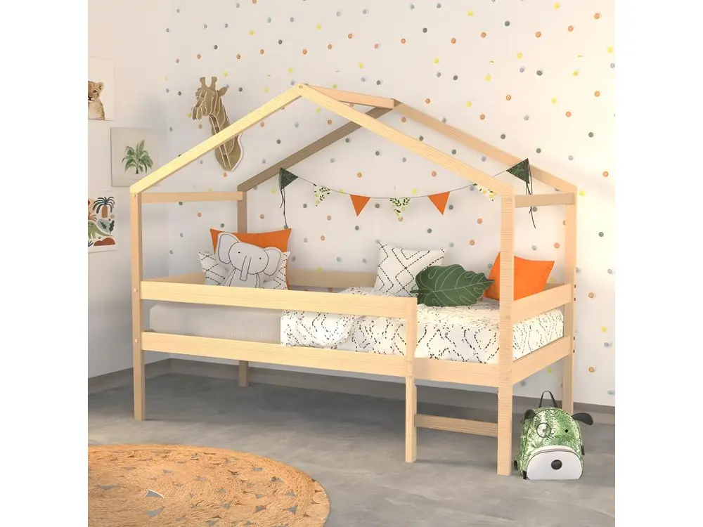 Lit cabane MIKA 90x190 + sommier + matelas IRIS / Naturel pour situation de crise