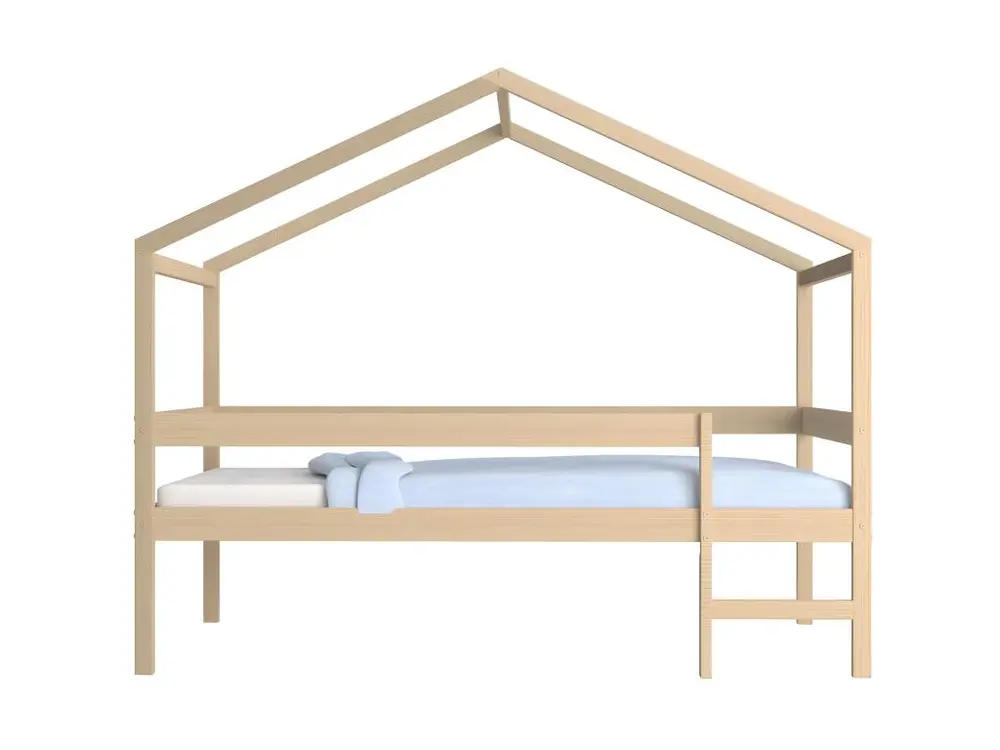 Lit cabane MIKA 90x190 + sommier + matelas IRIS / Naturel pour situation de crise