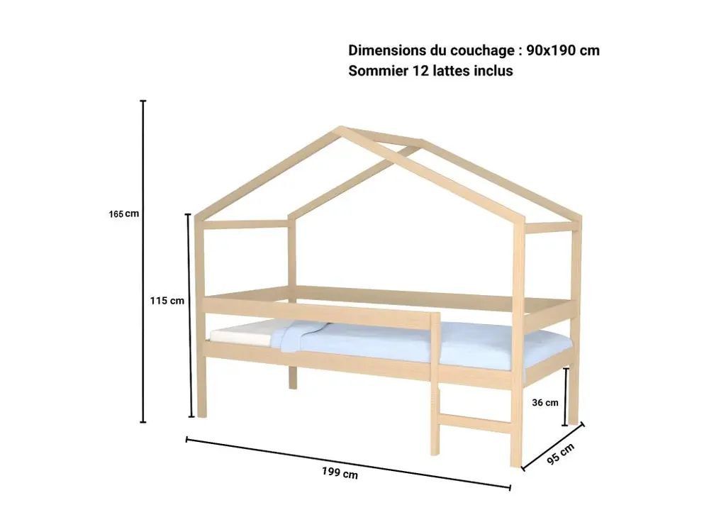 Lit cabane MIKA 90x190 + sommier + matelas IRIS / Naturel pour situation de crise