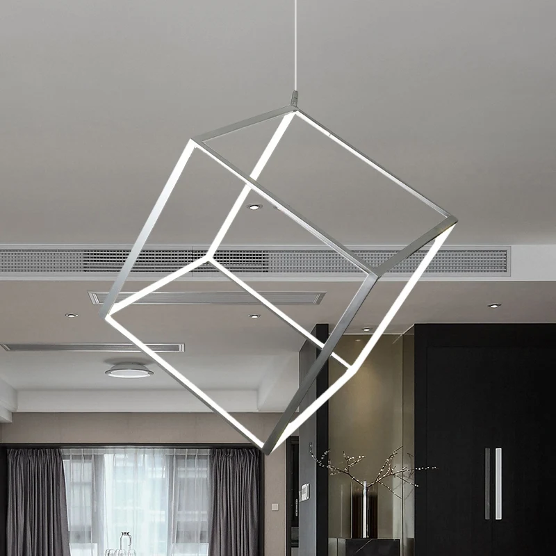 Lustre Cristal Premium Lustre à cadre cubique en aluminium, plafonnier LED suspendu minimaliste or/argent, lumière blanche...
