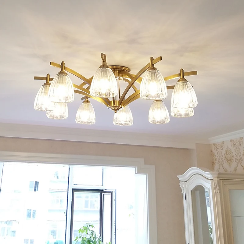 Plafonnier Semi-encastré moderne en laiton et verre texturé, 3/6/8 ampoules, luminaire décoratif de plafond, optimal pour...