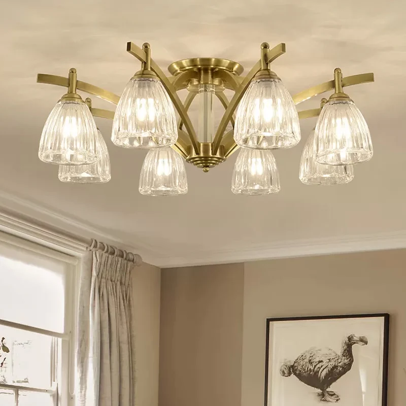 Plafonnier Semi-encastré tendance en laiton et verre texturé, 3/6/8 ampoules, luminaire décoratif de plafond, idéal pour u...