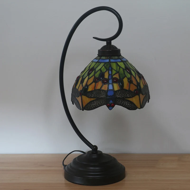 Éclairage de bureau en verre taillé libellule, lampe de nuit victorienne à 1 lumière orange/vert avec bras incurvé pour ch...