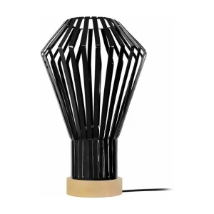 Design Contemporain Lampe poser bois, conique métal noir 43 cm.