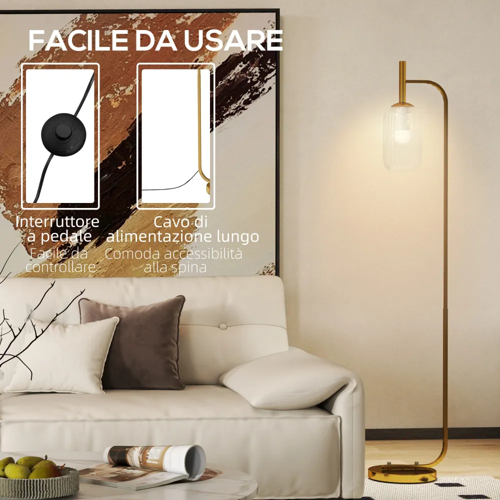 Lampada sur Socle Contemporain avec Abat-Jour en Verre, Lampadaire avec Interrupteur à Pied pour Ampoules E27 LED, pour Sa...