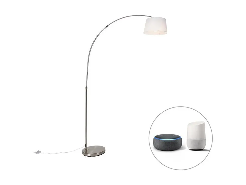 Lampe à arc intelligente en acier avec abat-jour en tissu blanc, y compris Wifi A60 - Arc De base