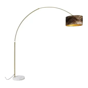 Lampe arc en laiton avec abat-jour en tissu blanc léopard 50 cm - XXL avec câble textile
