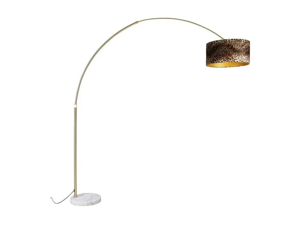 Lampe arc en laiton avec abat-jour en tissu blanc léopard 50 cm - XXL avec câble textile