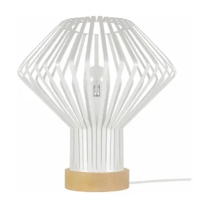 Lampe poser bois, conique métal blanc35 cm. avec câble textile