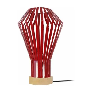 Lampe poser bois, conique métal rouge 43 cm. en lin naturel