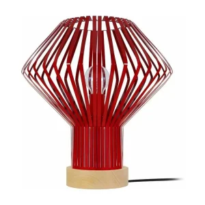 Lampe poser bois, conique métal rouge35 cm. en papier artisanal