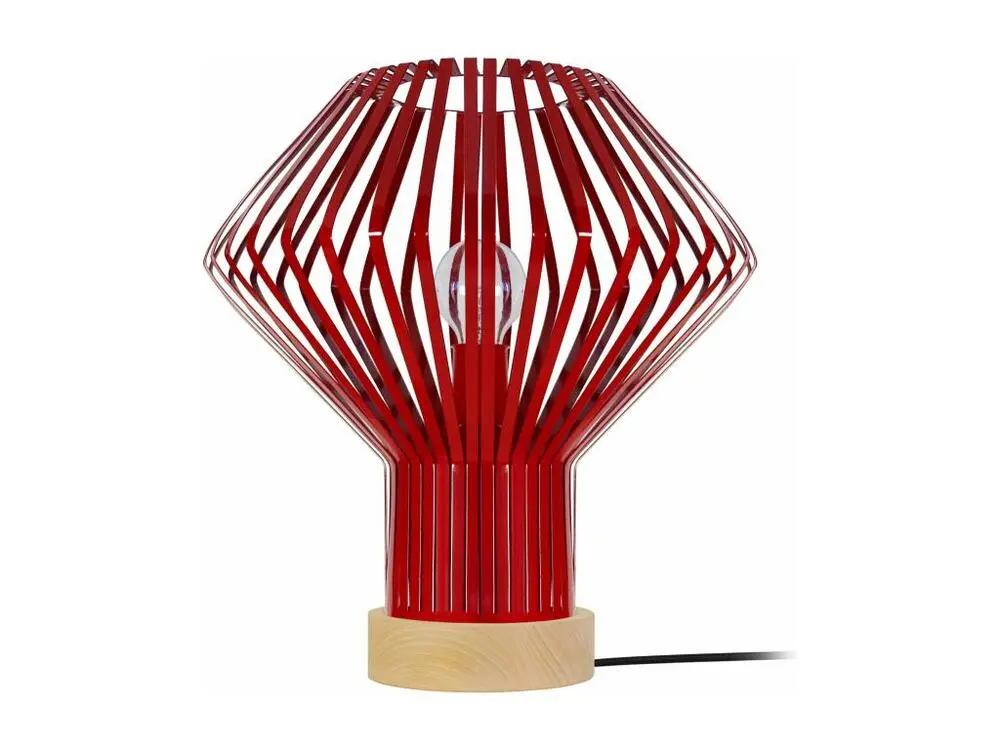 Lampe poser bois, conique métal rouge35 cm. en papier artisanal
