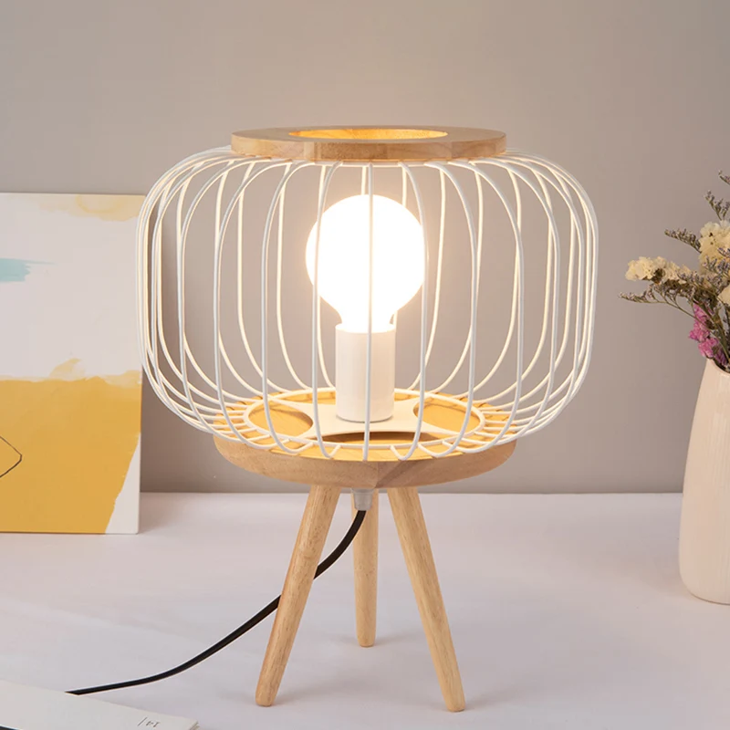 Lampe de table en fer à cage à tambour moderniste à 1 tête, finition blanche/noire, lampe de bureau avec socle en trépied...
