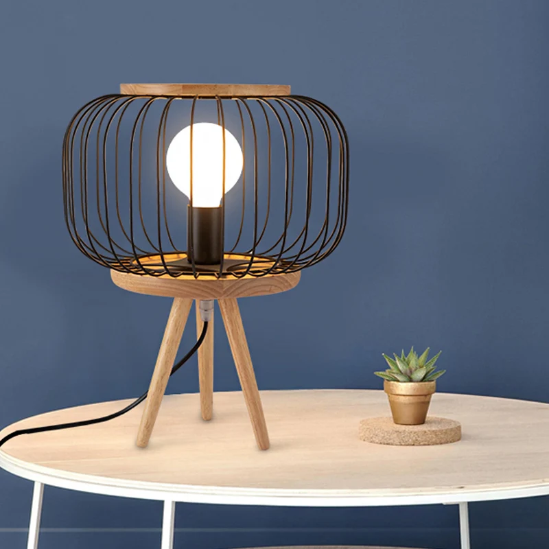 Lampe de table en fer à cage à tambour moderniste à 1 tête, finition blanche/noire, lampe de bureau avec socle en trépied...