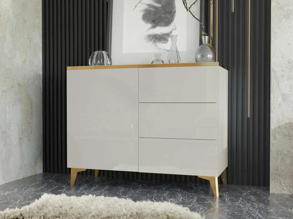 Suspension à trois bras Kombikommode - 100x40x85 cm - Beige / Beige Hochglanz + Ton or - Aurora 1D3S
