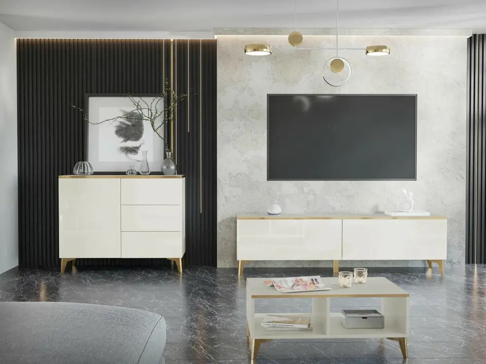 Suspension à trois bras Kombikommode - 100x40x85 cm - Beige / Beige Hochglanz + Ton or - Aurora 1D3S