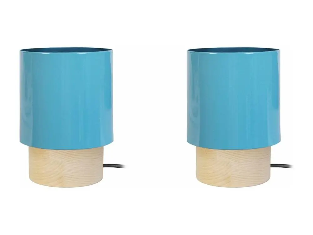 Pair de Lampes de chevet cylindre, bois naturel 19,5 cm. avec fonction SOS