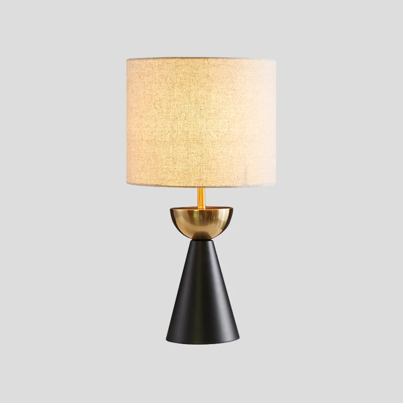 Lampe de table de nuit en tissu cylindrique, contemporain, 1 ampoule, blanc/lin, avec base conique noire
