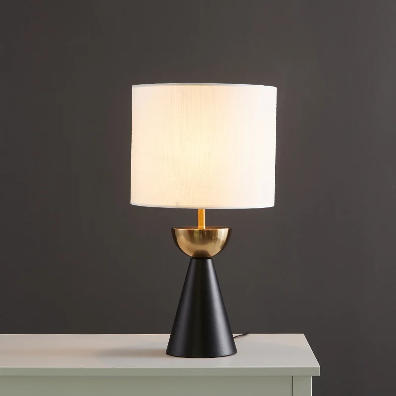 Lampe de table de nuit en tissu cylindrique, contemporain, 1 ampoule, blanc/lin, avec base conique noire