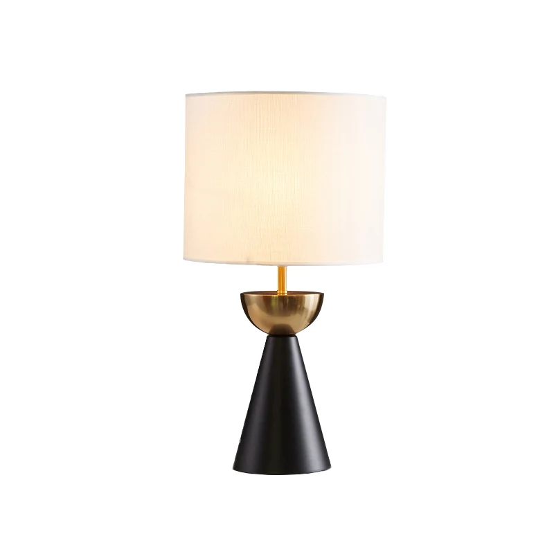 Lampe de table de nuit en tissu cylindrique, contemporain, 1 ampoule, blanc/lin, avec base conique noire