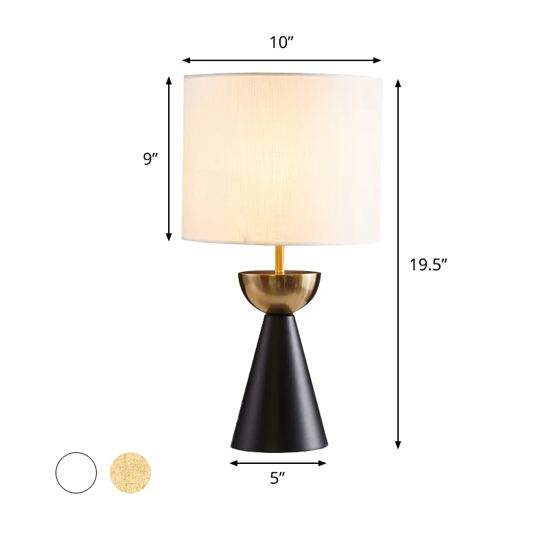Lampe de table de nuit en tissu cylindrique, contemporain, 1 ampoule, blanc/lin, avec base conique noire