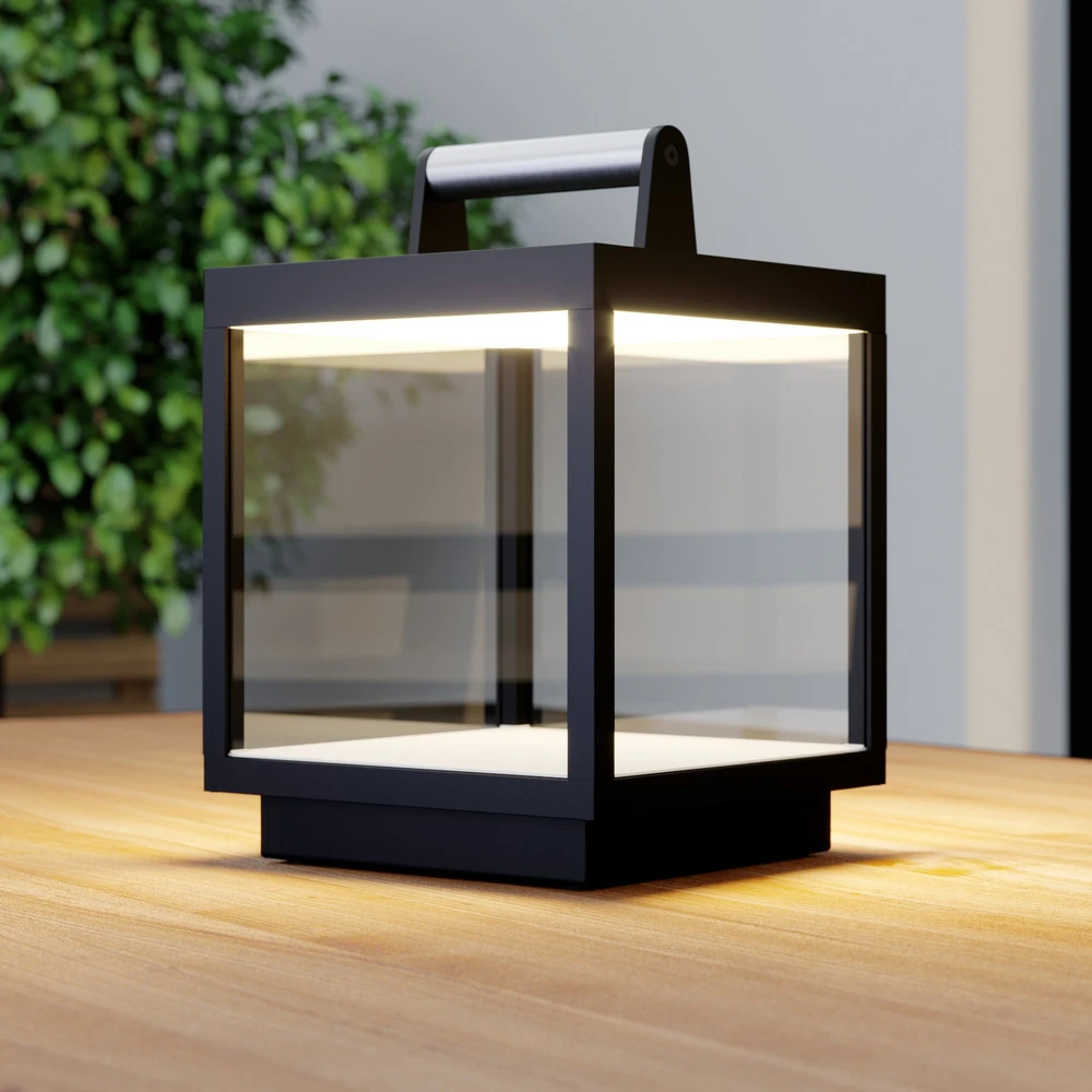 Lucande lampe de table LED accumulateur Cube, aluminium, IP54 (Certifié CE)