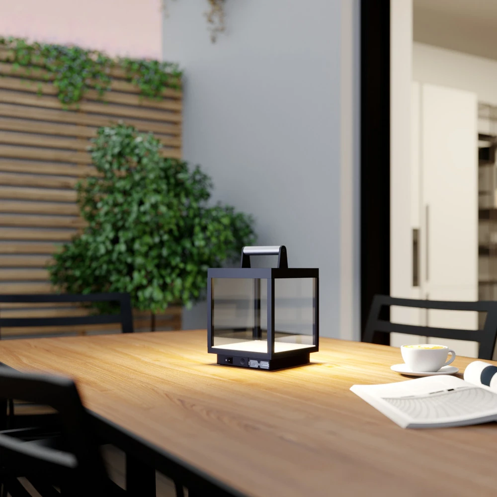 Lucande lampe de table LED accumulateur Cube, aluminium, IP54 (Certifié CE)