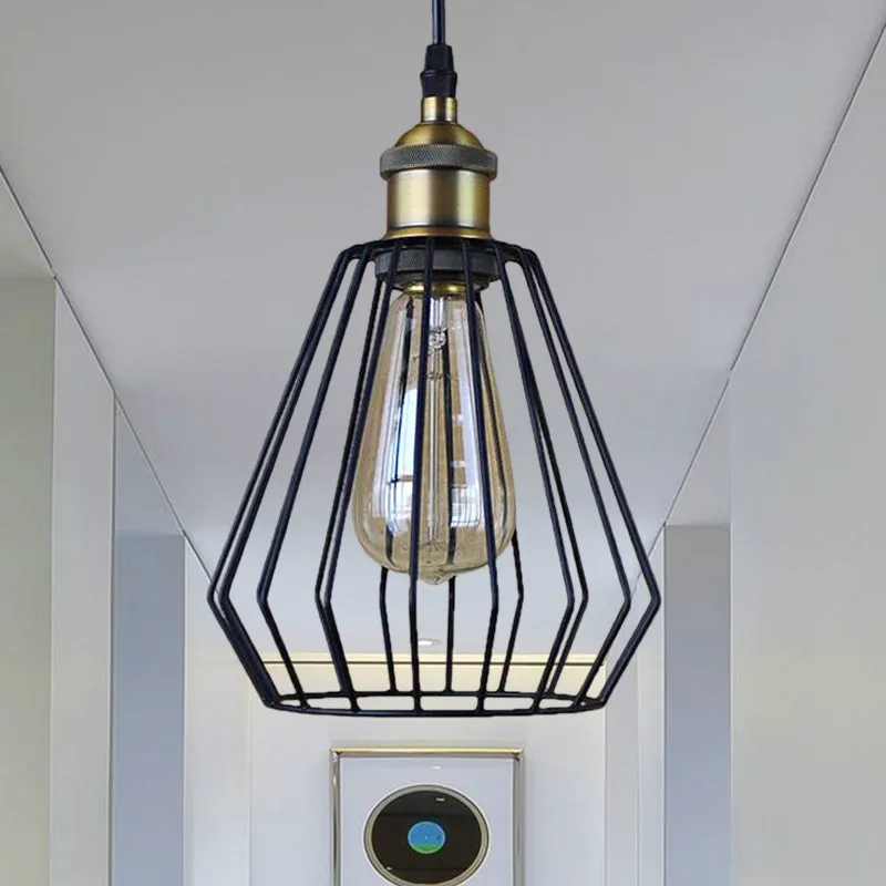 Plafonnier à 1 ampoule, noir/laiton, Style entrepôt, abat-jour à Cage en fil métallique, lampe suspendue pour Table à mang...