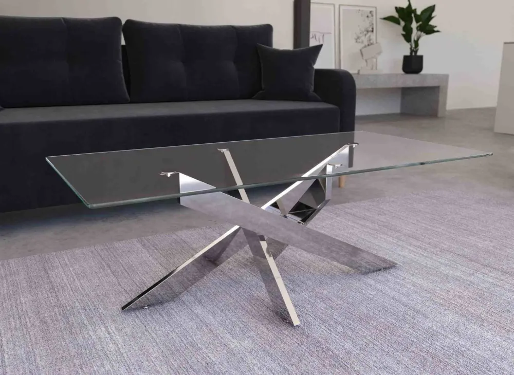 Table basse design rectangulaire en verre pieds argentés CONNOR en papier artisanal