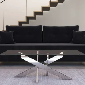 Table basse design rectangulaire en verre pieds argentés CONNOR en papier artisanal