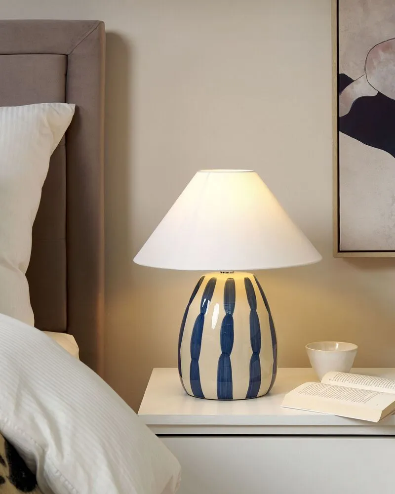 Tafellamp keramiek beige/blauw LUCHETTI avec câble textile