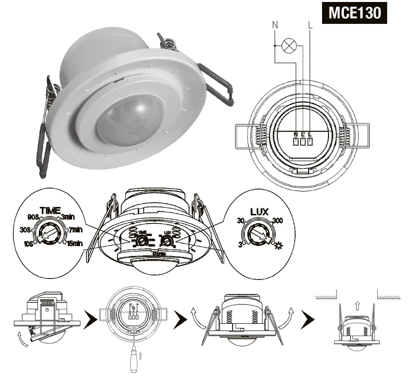 MACLEAN MCE130 Détecteur de mouvement de plafond infrarouge 360º Flush-Mount 6M IP20 | 4000K | lumière neutre