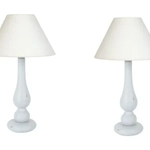 Pair de Lampes de chevet colonne bois ivoire 42 cm.