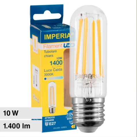 LAMPADINA LED E27 TUBOLARE FILAMENTO VETRO TRASPARENTE IMPERIA 212301