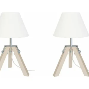 Pair de Lampes de chevet trépied bois naturel,aluminium écru 30 cm. avec fonction SOS
