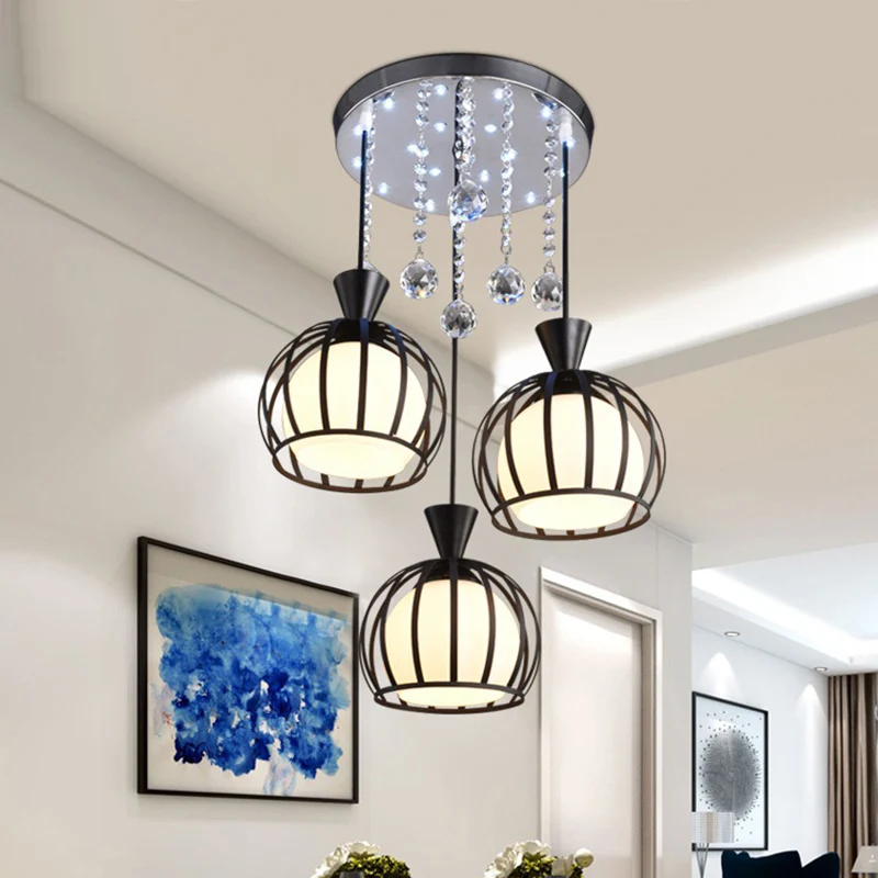 Stilvolle, gewölbte Käfig-Hängelampe im Retro-Stil, 3 Lichter, Metall-Pendelleuchte mit klarer Kristallkugel-Dekoration Sc...