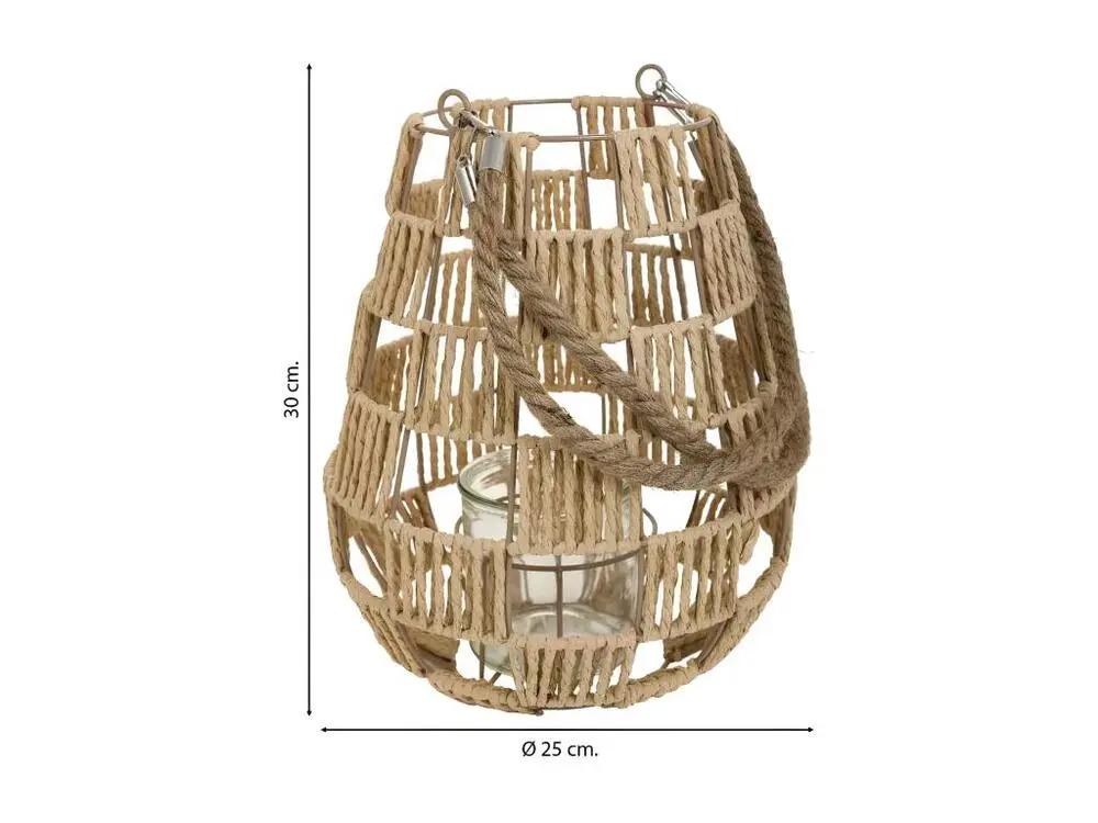 Lanterne photophore en métal et corde de papier marron d25x30h Éclairage chaud 2700K