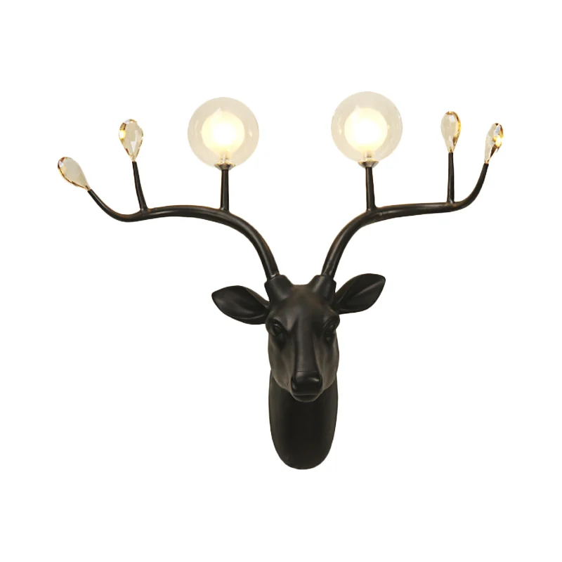 Applique Globe en résine rustique à 2 lumières, lampe murale de salon en noir/blanc avec décoration de cerf
