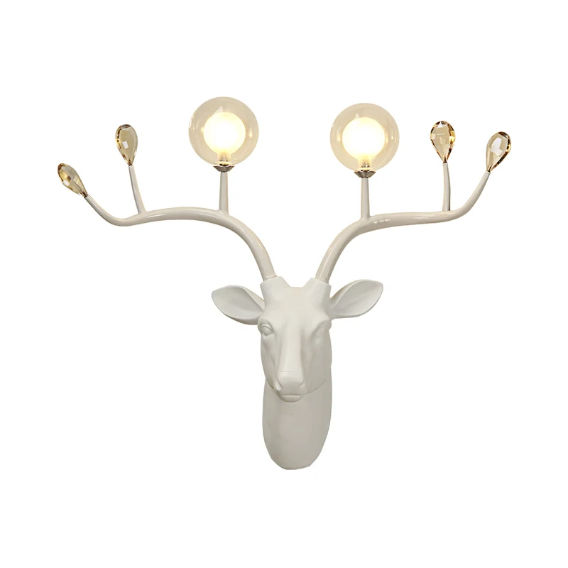 Applique Globe en résine rustique à 2 lumières, lampe murale de salon en noir/blanc avec décoration de cerf