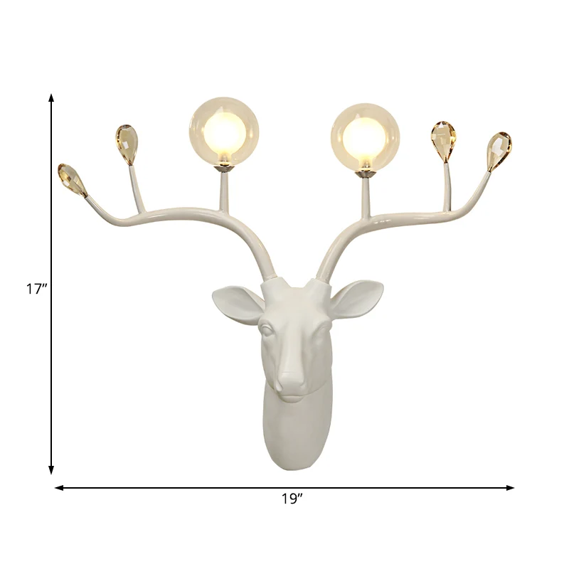 Applique Globe en résine rustique à 2 lumières, lampe murale de salon en noir/blanc avec décoration de cerf