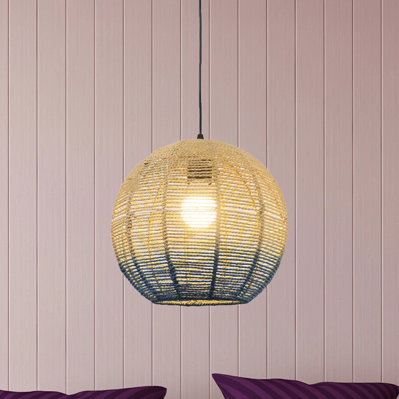 Kugel-/Ellipsen-/Fass-/Kuppel-Pendelleuchte, chinesisches Strohseil, 1 Glühbirne, rot/blau, Hängeleuchte für Schlafzimmer,...