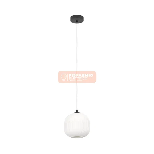 LAMPADA SOSPENSIONE EGLO MANTUNALLE 1×E27 Ø20 CM – NERO E VETRO NASTRO