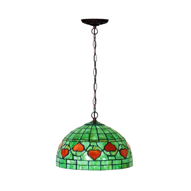 Lampe suspendue de cuisine à 1 lumière, plafonnier méditerranéen rouge/vert avec abat-jour en verre teinté en forme de dôme